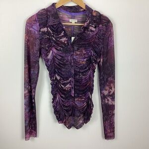 Pilcro Mesh Button Down Ruched Blouse Size Small NWT